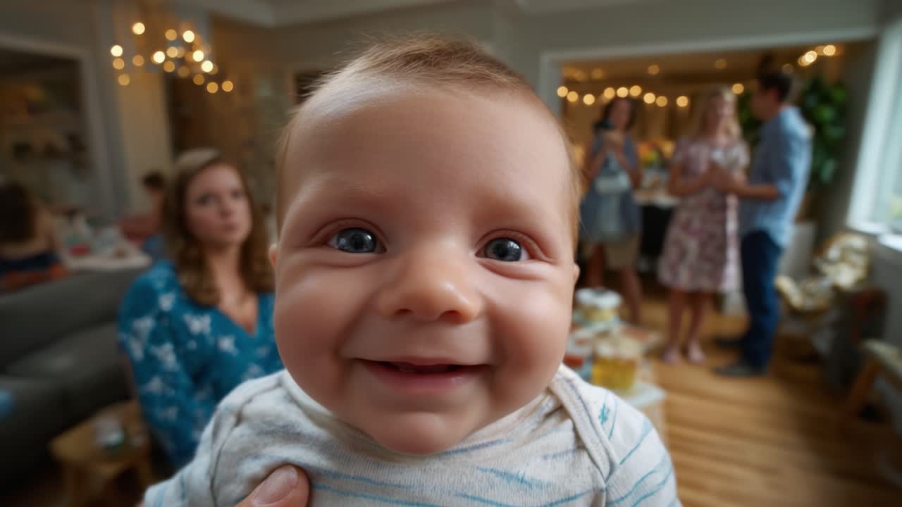 Eine Nahaufnahme eines entzückenden Babys mit strahlenden Augen, das in einer fröhlichen Familienszene lächelt, umgeben von Lieben. Pure Freude, die in jedem Frame eingefangen wird