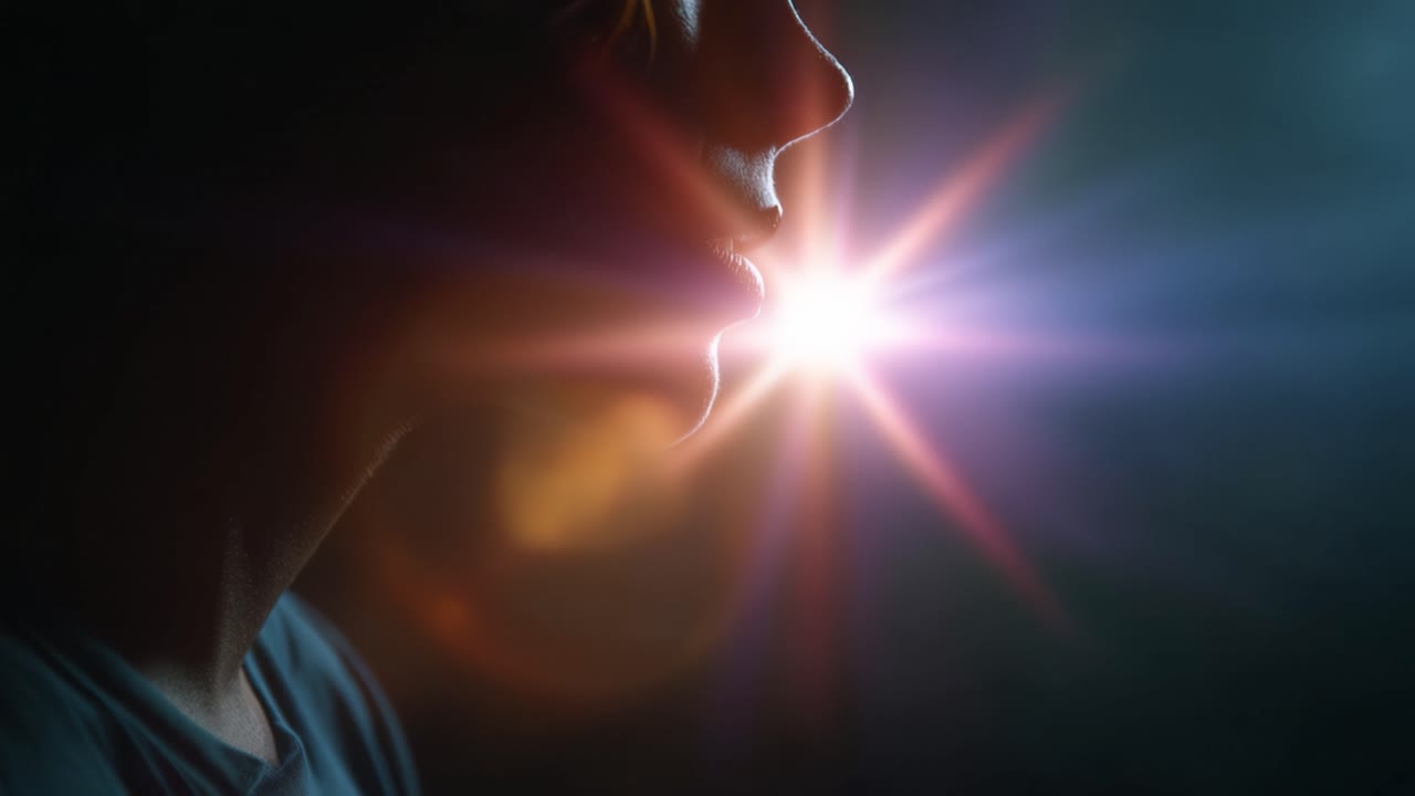 La misteriosa silhouette di una persona che parla, con una luce intensa che emana dalla sua bocca, creando un'atmosfera eterea e onirica nell'inquadratura