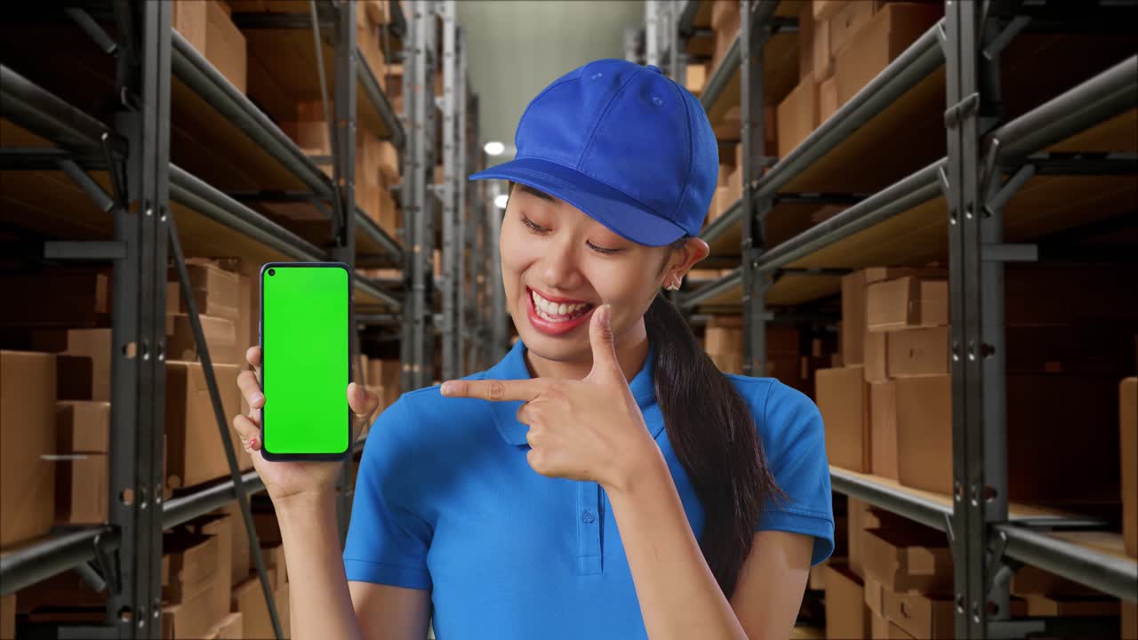 close up de mensajera asiática en uniforme azul sonriendo y apuntando a la pantalla verde del teléfono inteligente mientras está de pie en el almacén