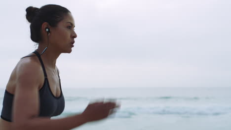 woman, running and beach music at sunset