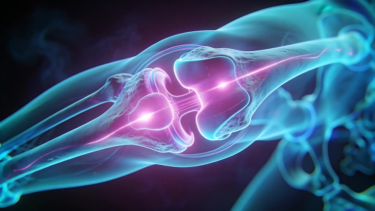 Pulsing articulating joint responding to intensifying magenta glow in dark studio, with filaments
