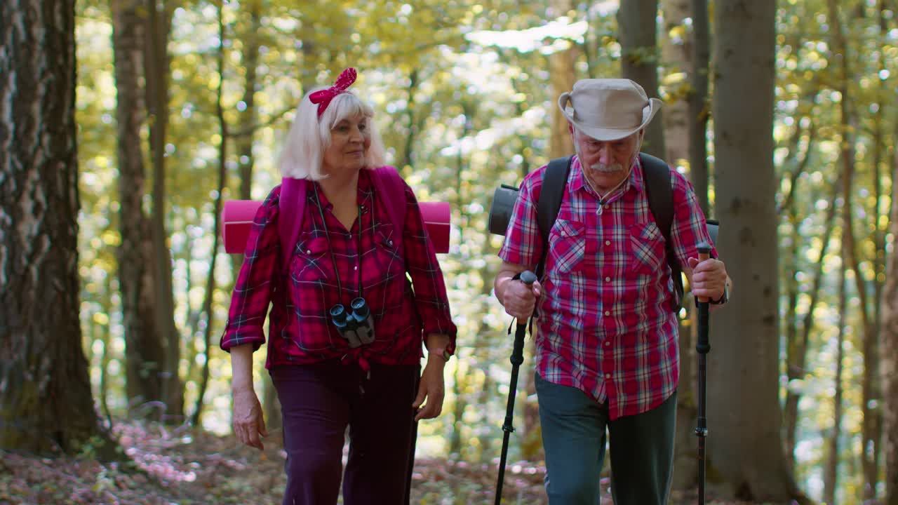 пожилая пара гуляет в лесу.