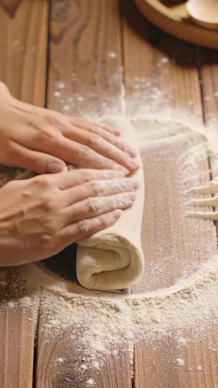 Video vertical: Manos de cocinero amasando y dando forma a la masa sobre una encimera enharinada para hornear, con un cuenco cerca.
