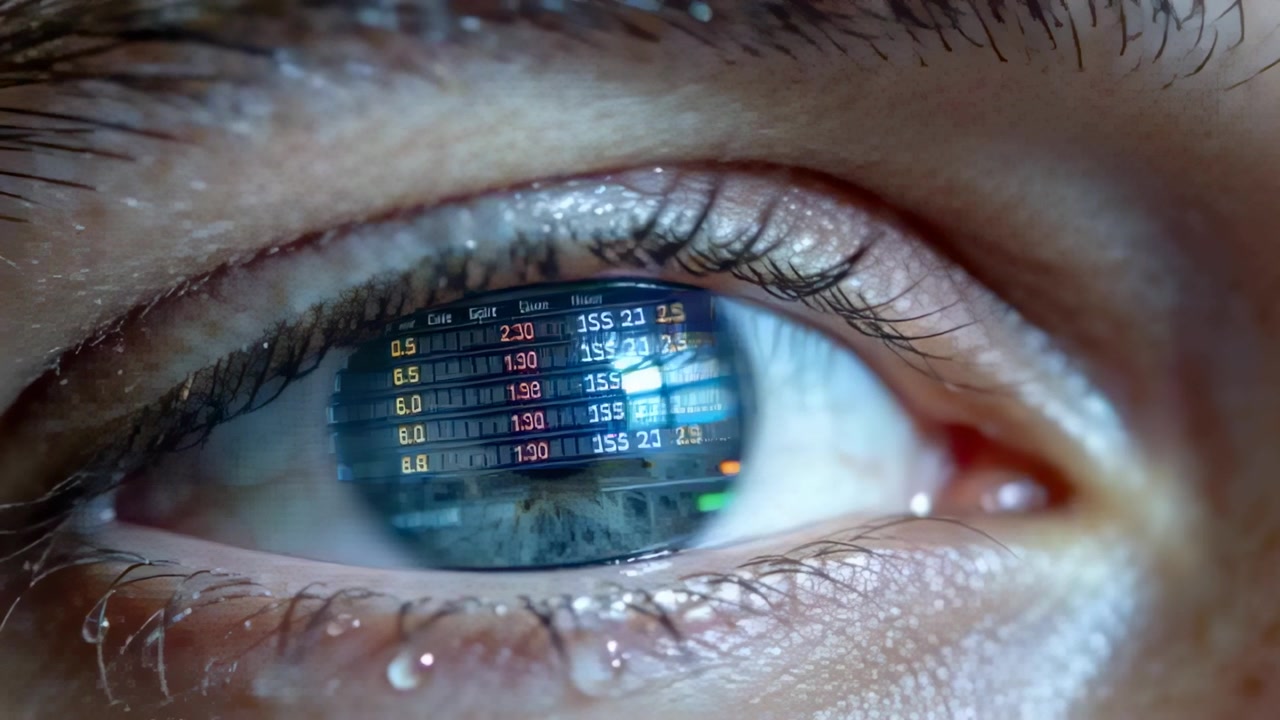 Gazing person's eye tracking updating monitor at desk, monitoring numeric table reflection