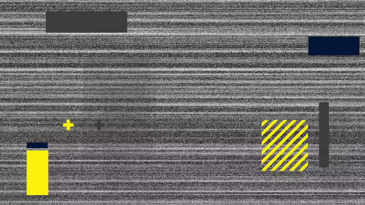 Animazione di forme gialle e grigie su uno schermo con glitch.