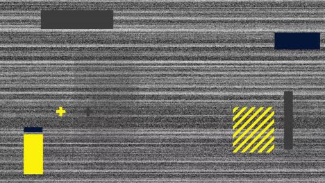Animation-of-yellow-and-grey-shapes-over-screen-with-glitch