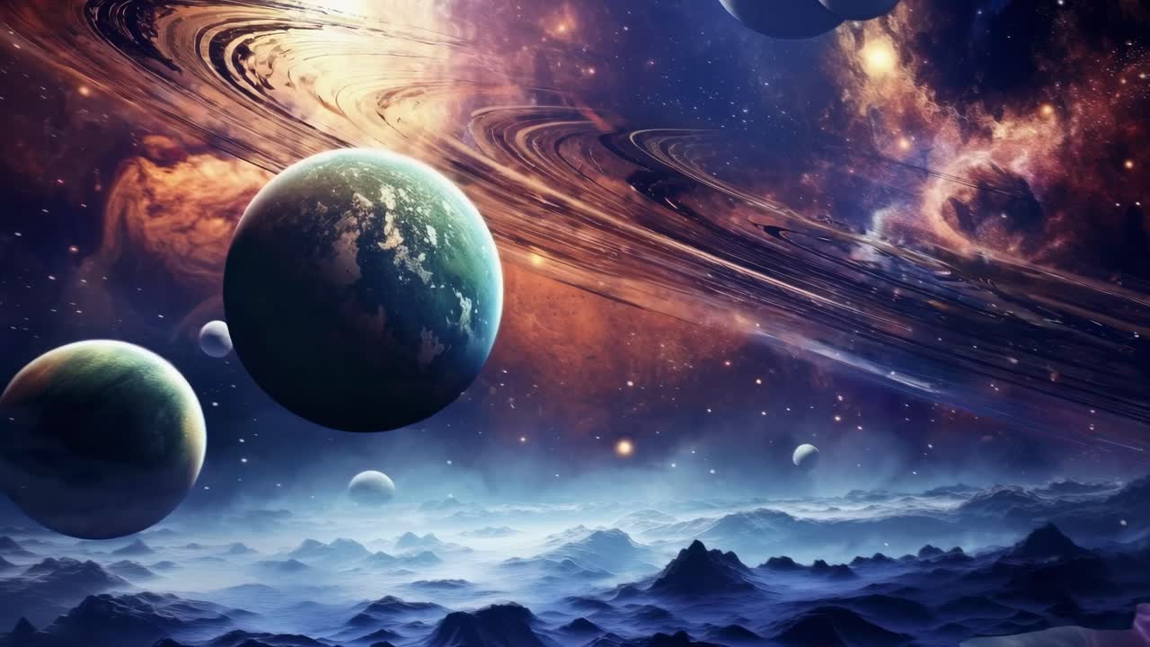 A cosmic video scene of planets and rings viewed from a low angle, showcasing a vibrant, surreal
