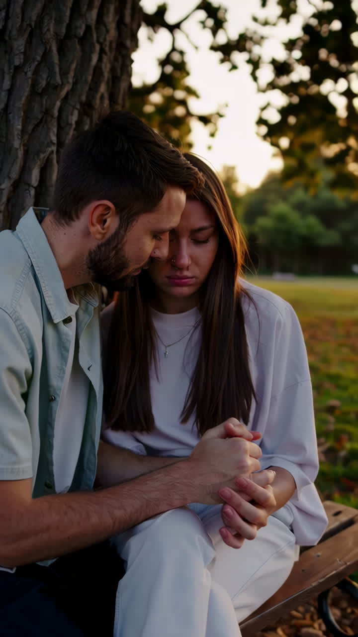 Casal num parque, compartilhando um momento de carinho