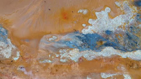 manantial geotérmico islandés, vibrantes texturas ricas en minerales. vista aérea de arriba