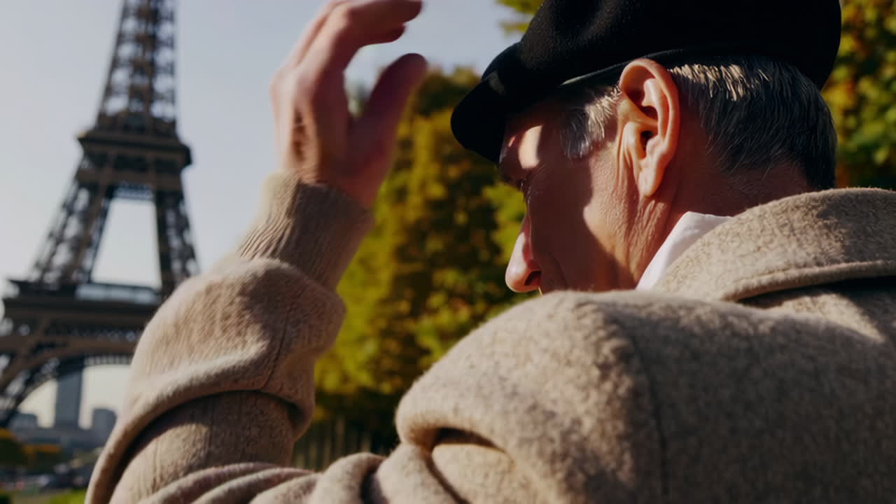 Elderly Man in Paris Visiting the Eiffel Tower