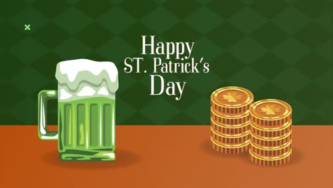 feliz día de san patricio letras con cerveza y monedas de oro