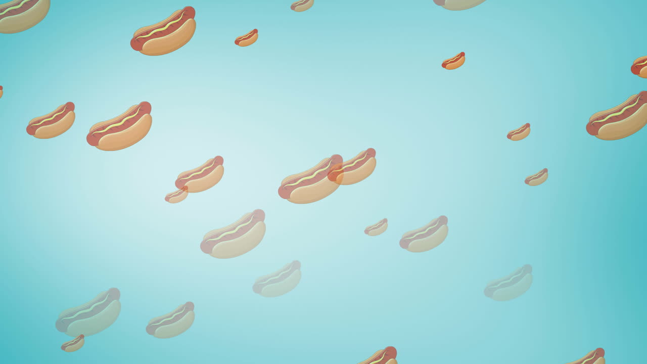 파란색 배경에 떠다니는 여러 개의 핫도그의 애니메이션