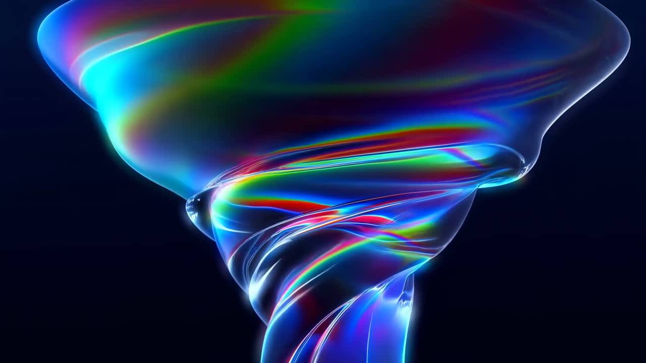 Iridescent Vortex Spins Against Dark Background, Glossy Liquid Spiral Rotates With Chromatic Bands And Subtle