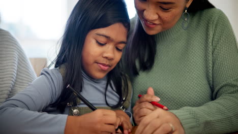 Drawing,-grandmother-and-mother-help-child-writing