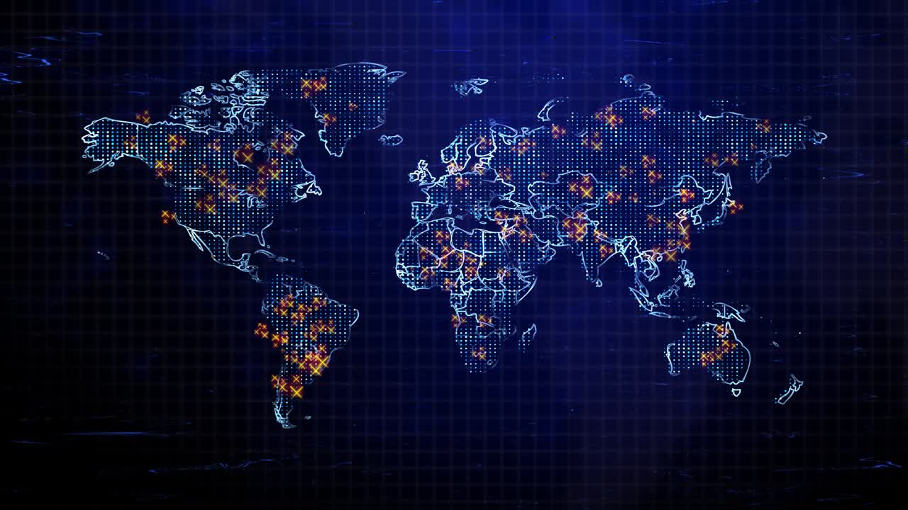Cyber attack and Internet cyber crime data base hack points on World Map Loop Animation
