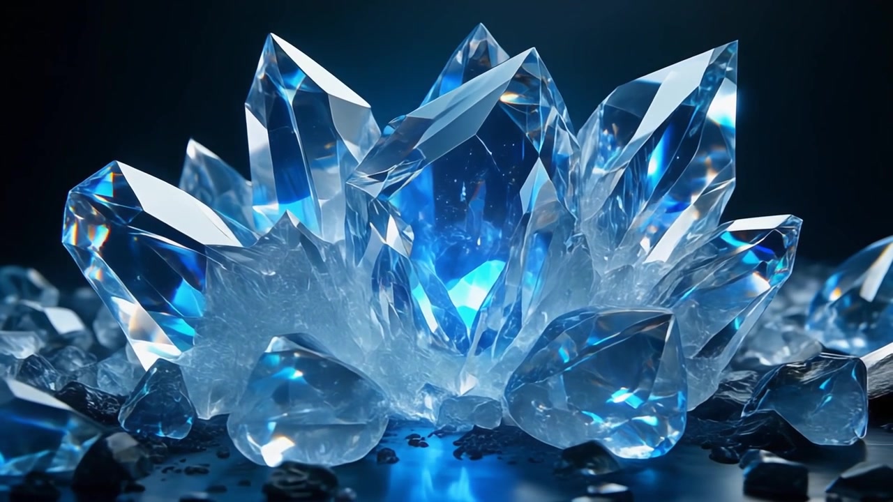 Grappolo di cristalli blu luminosi su una superficie scura riflettente.