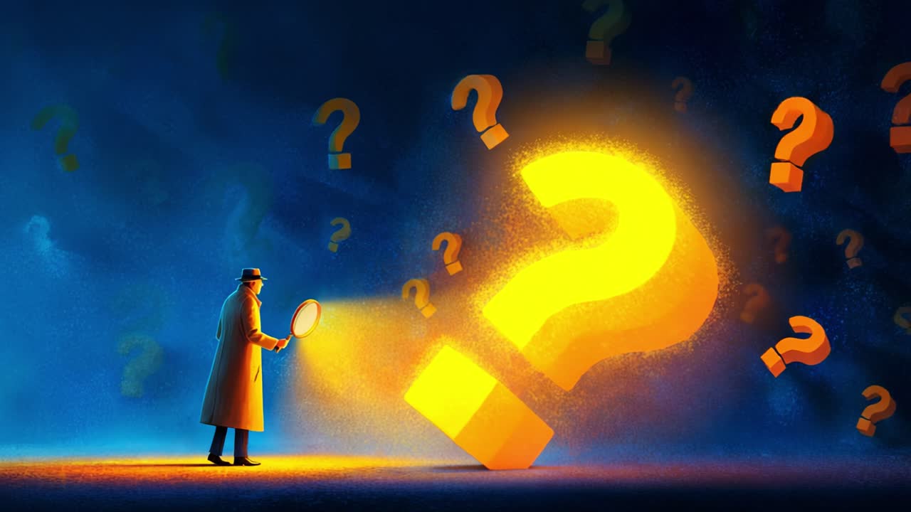 A Mysterious Figure Illuminates the Unknown with Curiosity, Peering at Enigmatic Question Marks in a Dreamlike Setting, Unraveling the Mysteries that Surround Us
