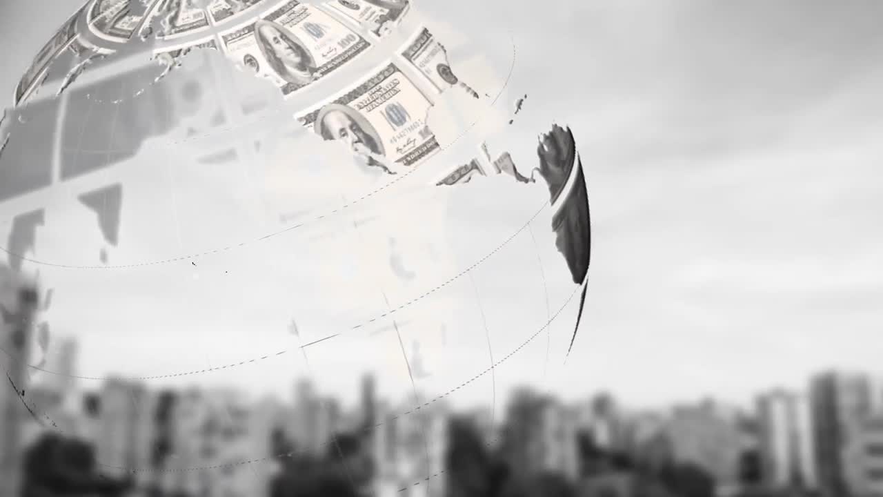 都市風景の上でアメリカドル紙幣で形成された地球のアニメーション