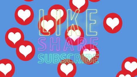 Animation-of-like-share-subscribe-text-over-heart-icons-on-blue-background