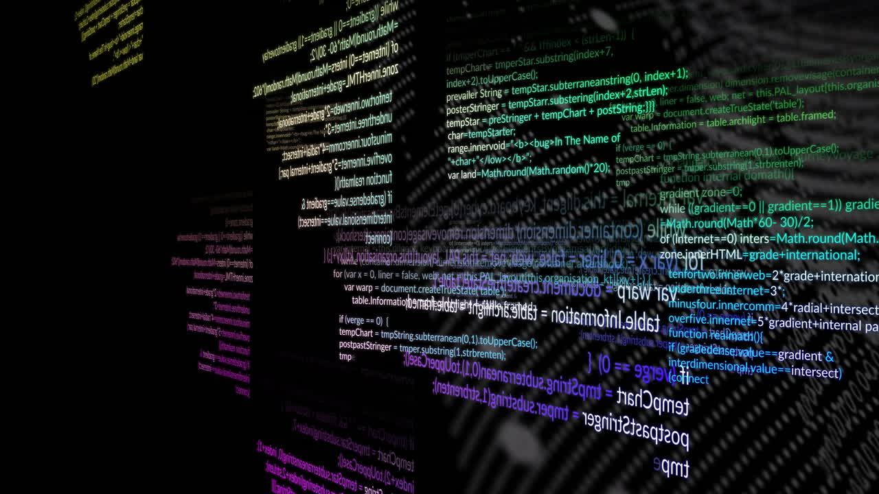 Colorful animation of floating code lines creating dynamic digital environment