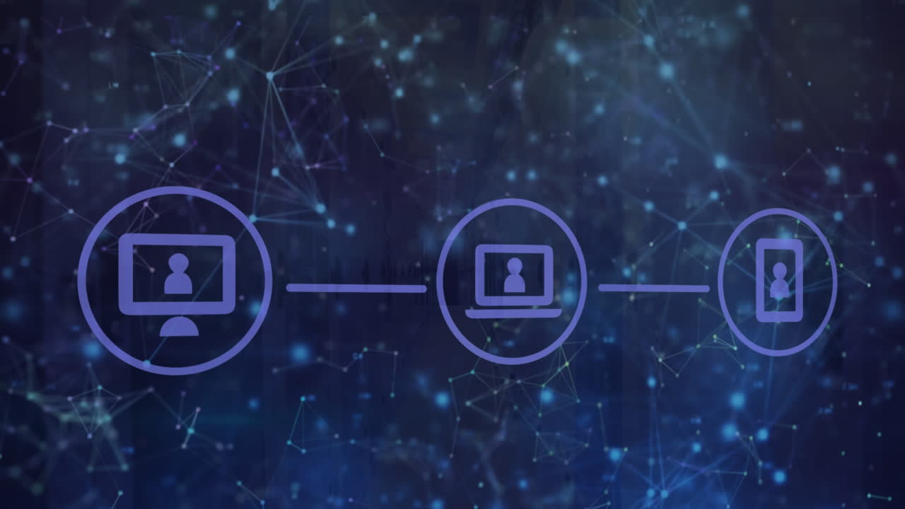 animación de iconos sobre puntos iluminados conectados con líneas que forman formas geométricas.