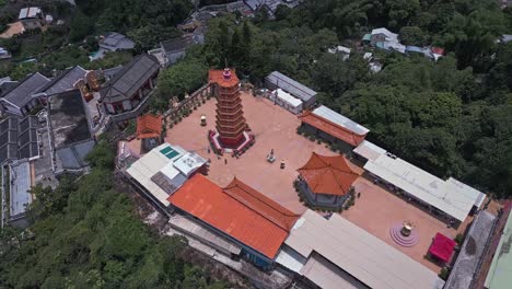 Aerial-over-the-Buddhist-temple-site-called-the-Ten-Thousand-Buddhas-Monastery-on-Hong-Kong,-China