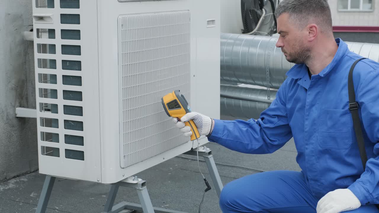 Technician uses a thermal imaging infrared thermometer to check the condensing unit heat exchanger