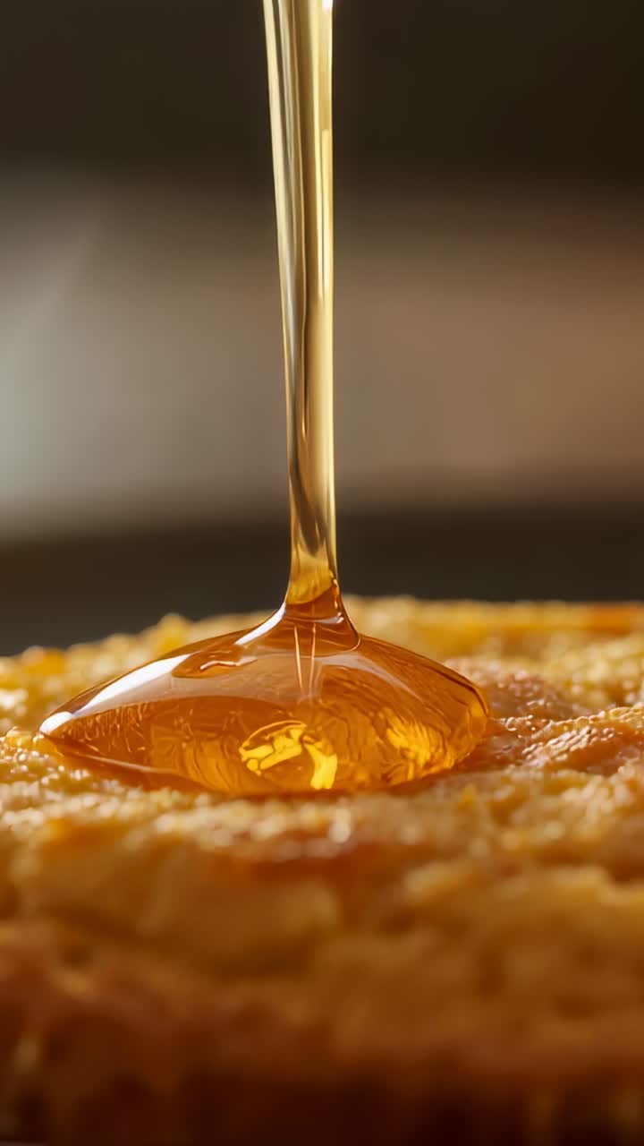 Vertical video: Pouring amber syrup forming glossy pool on ridged pancake on studio table, glazing
