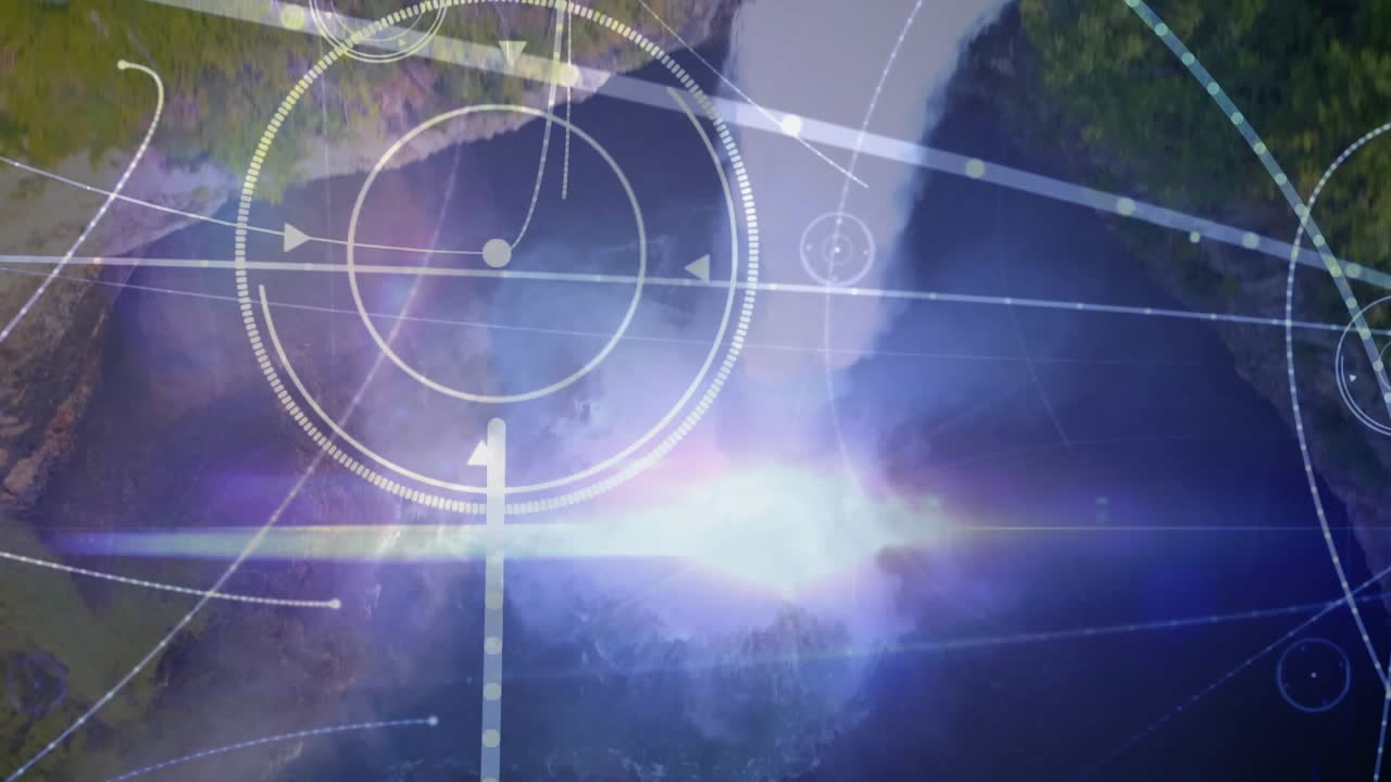 Opening canyon shot, waterfall cascading into water as HUD circles appearing, beams forming overlay