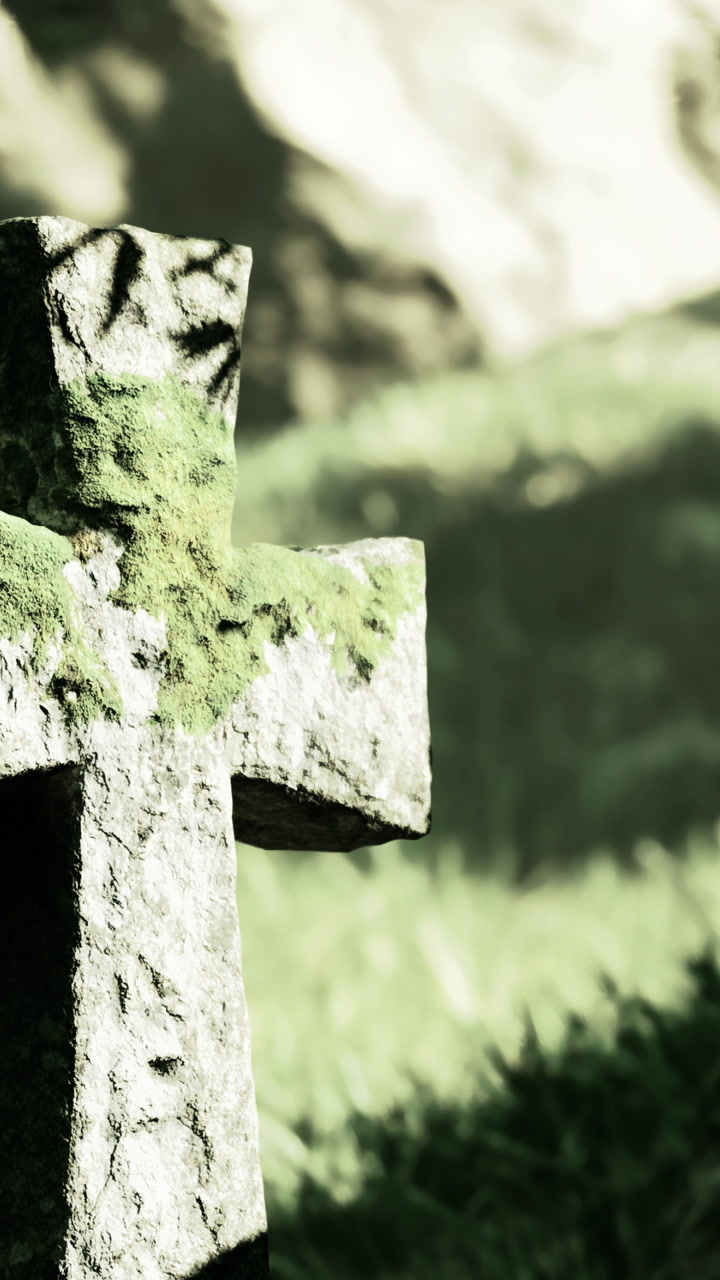 Old stone cross in a green grassy area during daylight near a forest