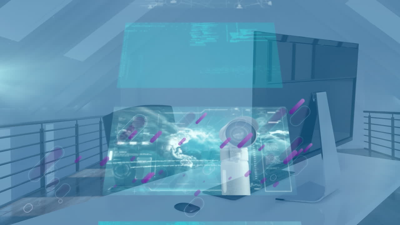 보라색 빛 트레일의 애니메이션과 빈 사무실 위의 스크린에서 데이터 처리