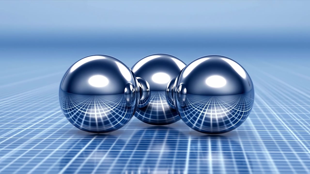 Three reflective chrome spheres rest near the center on a blue grid floor, with cool studio lighting, a soft horizon glow, and a clean futuristic abstract