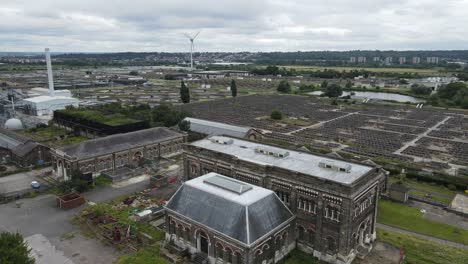 old abandoned victorian sewage pumping station , crossness kent aerial footage 4k