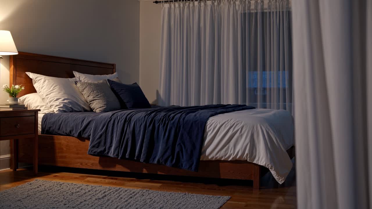 Interno di una camera da letto accogliente con letto in legno e illuminazione soffusa.
