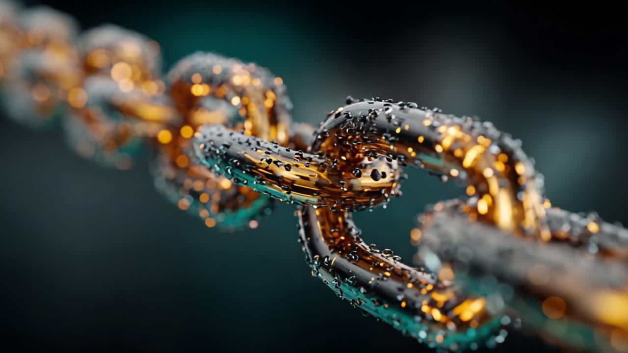 Primo piano di una catena metallica con dettagli meravigliosi che ne mettono in risalto la superficie liscia, le texture e le gocce d'acqua che catturano la luce per un effetto visivo straordinario