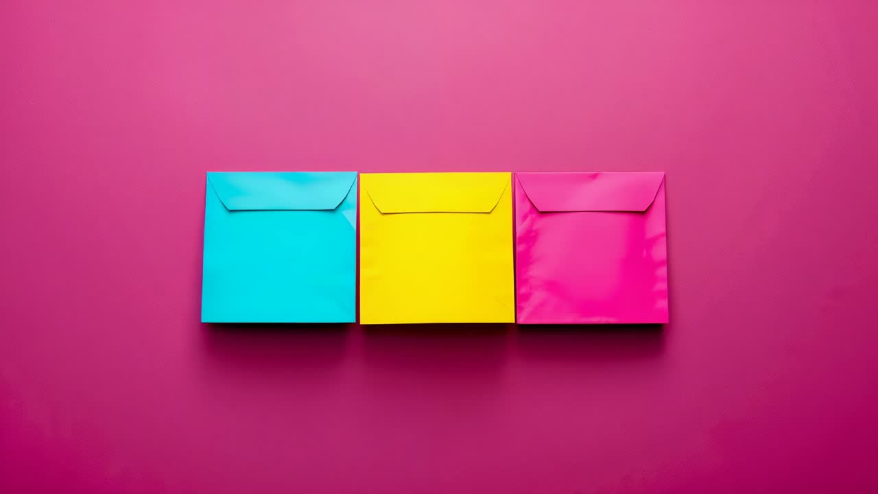 Opening overhead shot showing three square envelopes lying side by side on bright pink tabletop