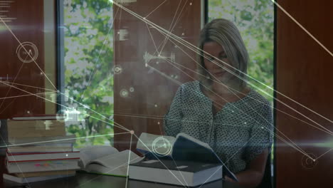 animation of connections with data processing over caucasian female student in library