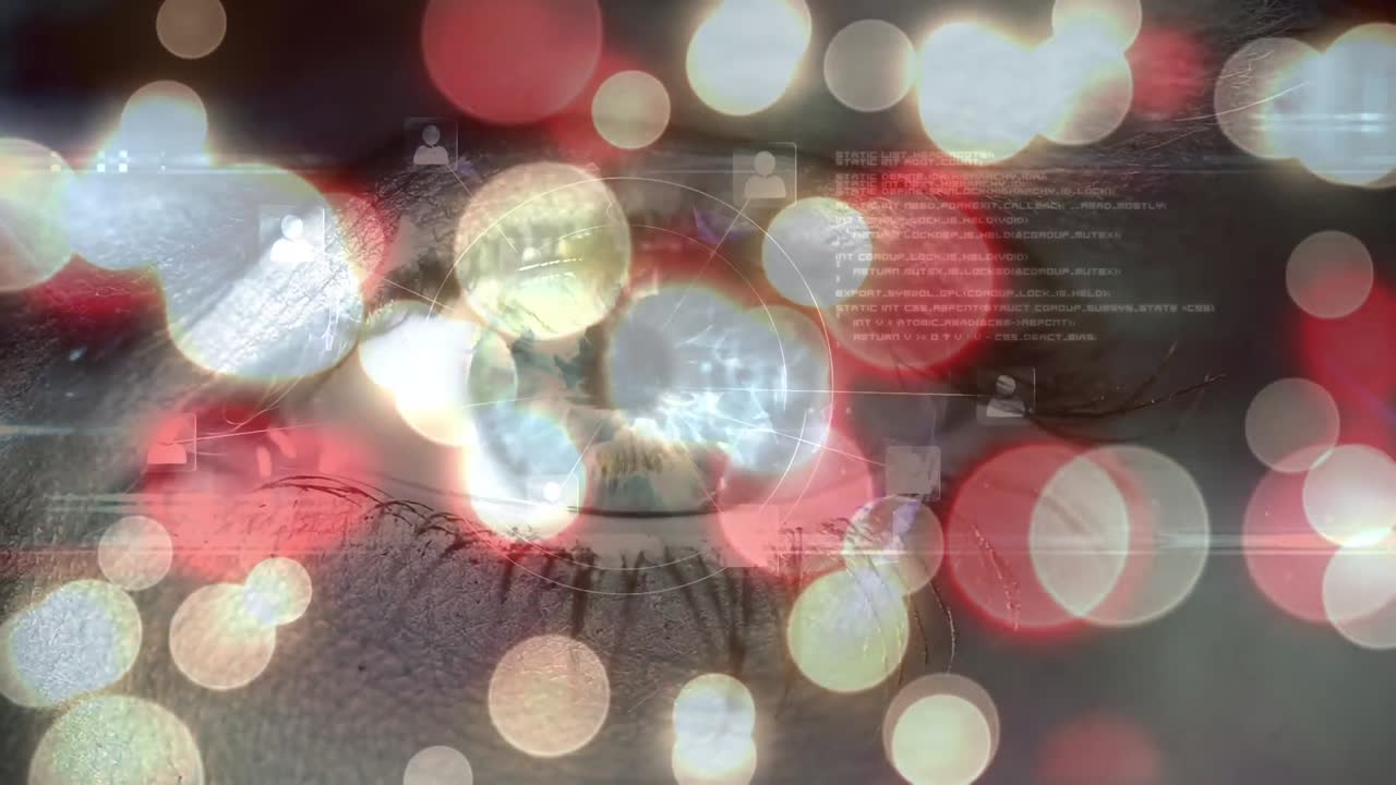 분홍색 반 ⁇ 이는 빛의 반점, 데이터 처리 및 여성 눈의 클로즈업 위에 회전하는 지구