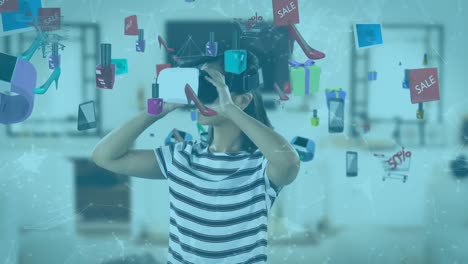 animación de una mujer caucásica que usa auriculares vr sobre iconos de productos flotantes