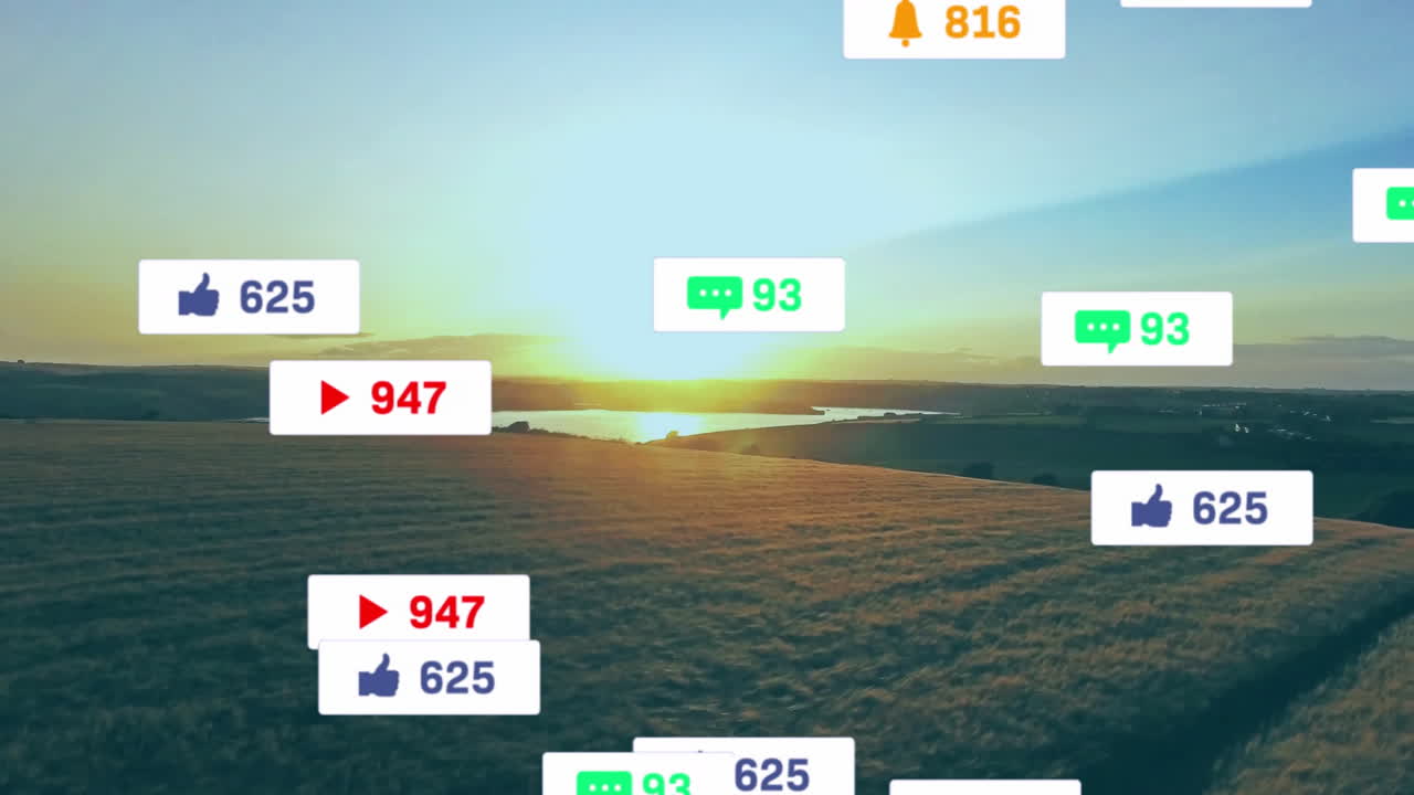 3D render of golden crop field stretching toward sunset with floating social media icons