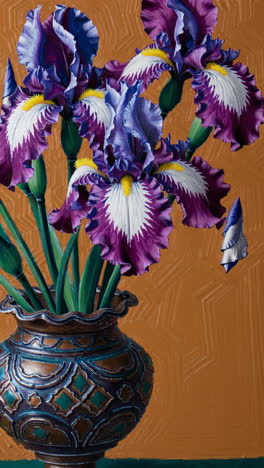purple and blue irises in an ornate vase