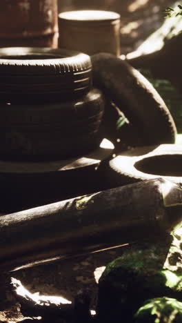 pile of old tires and other rubbish in the woods