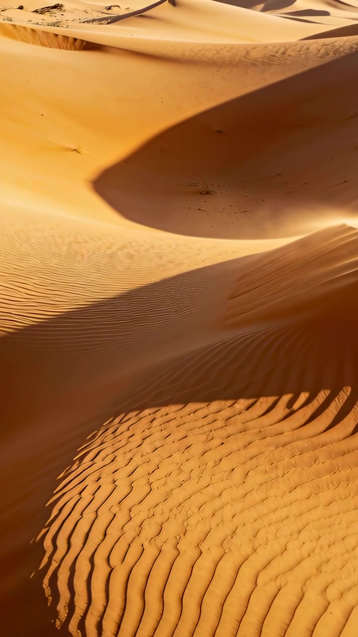 Video verticale: Telecamera scorrevole che rivela una duna di sabbia nel deserto per mostrare increspature, un'ombra a mezzaluna e segni.