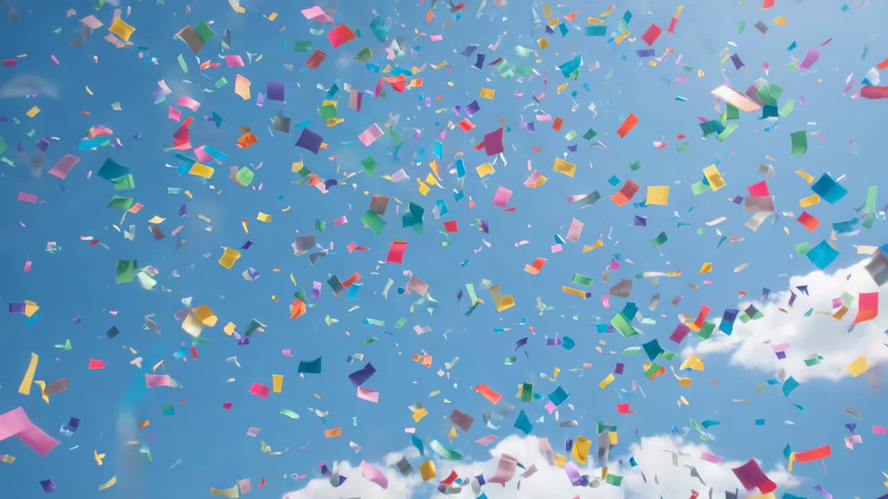 Releasing from party, cloud of colorful confetti drifting down and rotating over blue sky