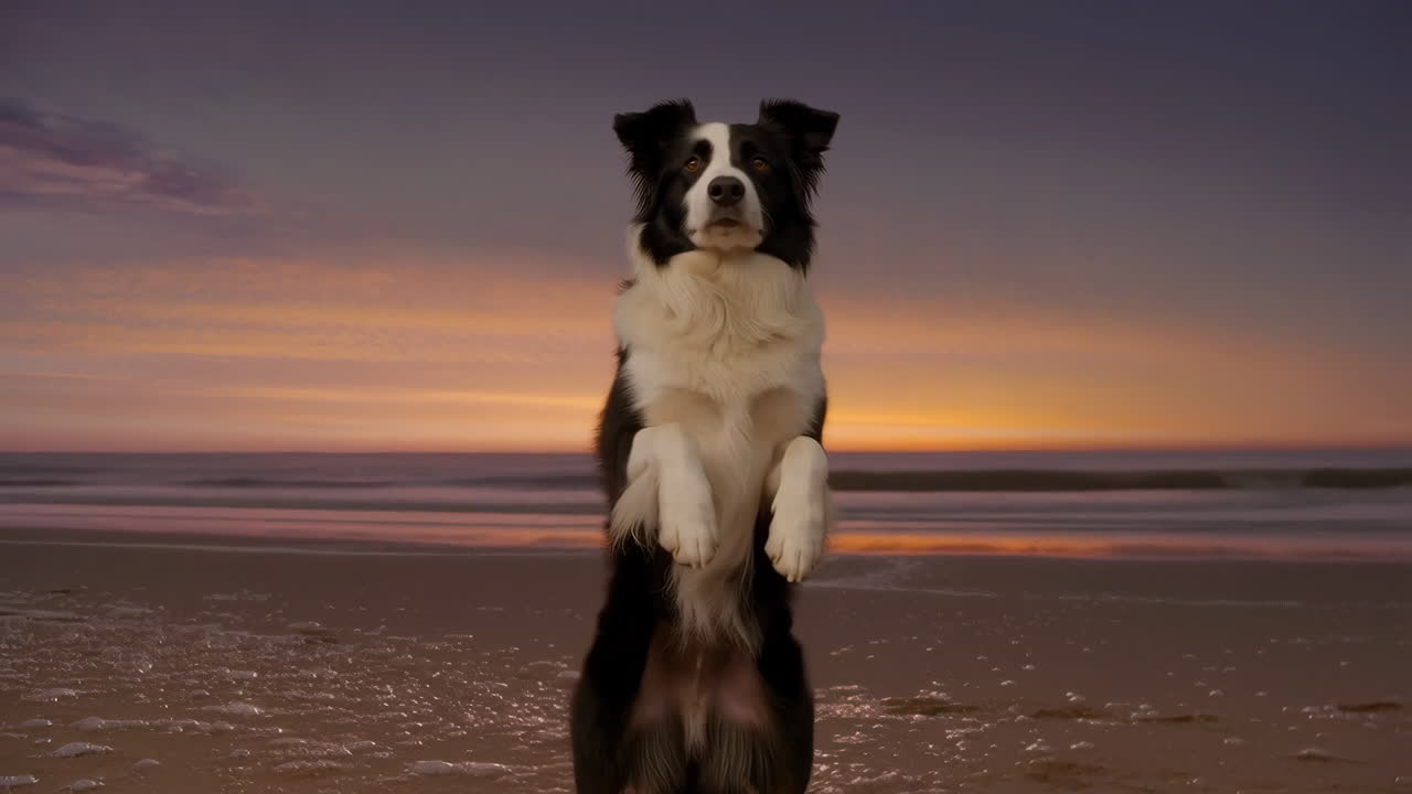 Border Collie Dog Standing on Hind Legs at Sunset on the Beach