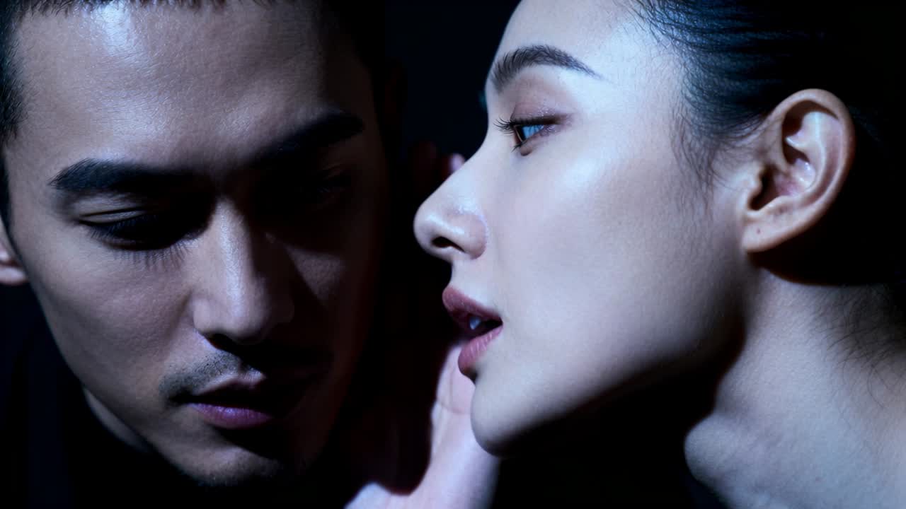 Leaning man raising hand by woman's ear in studio whispering and seeking intimacy with stud earring