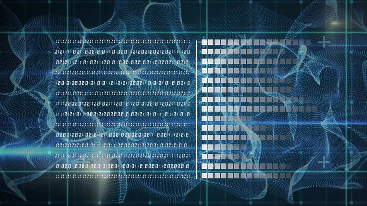 Animation of data processing and waves on black background