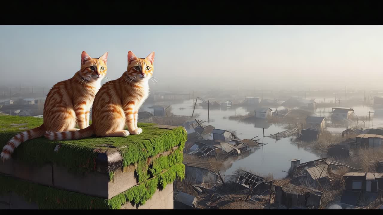 Kucing di atap berlumut yang menghadap desa yang banjir