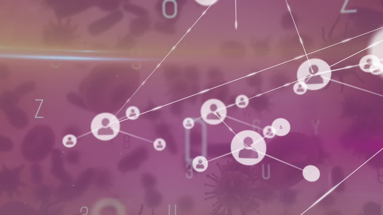 바이러스 위에 아이콘을 가진 연결 네트워크의 애니메이션