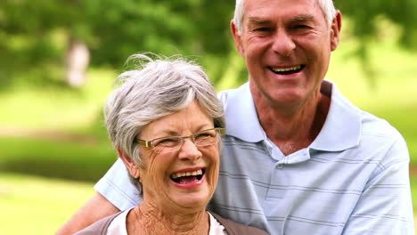 una pareja afectuosa y anciana en el parque abrazándose.